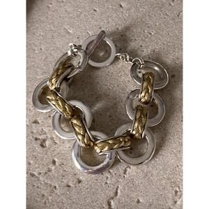 Two Tone Chunky Link Bracelet‎ Silver Gold Tone Textured Statement Circles
